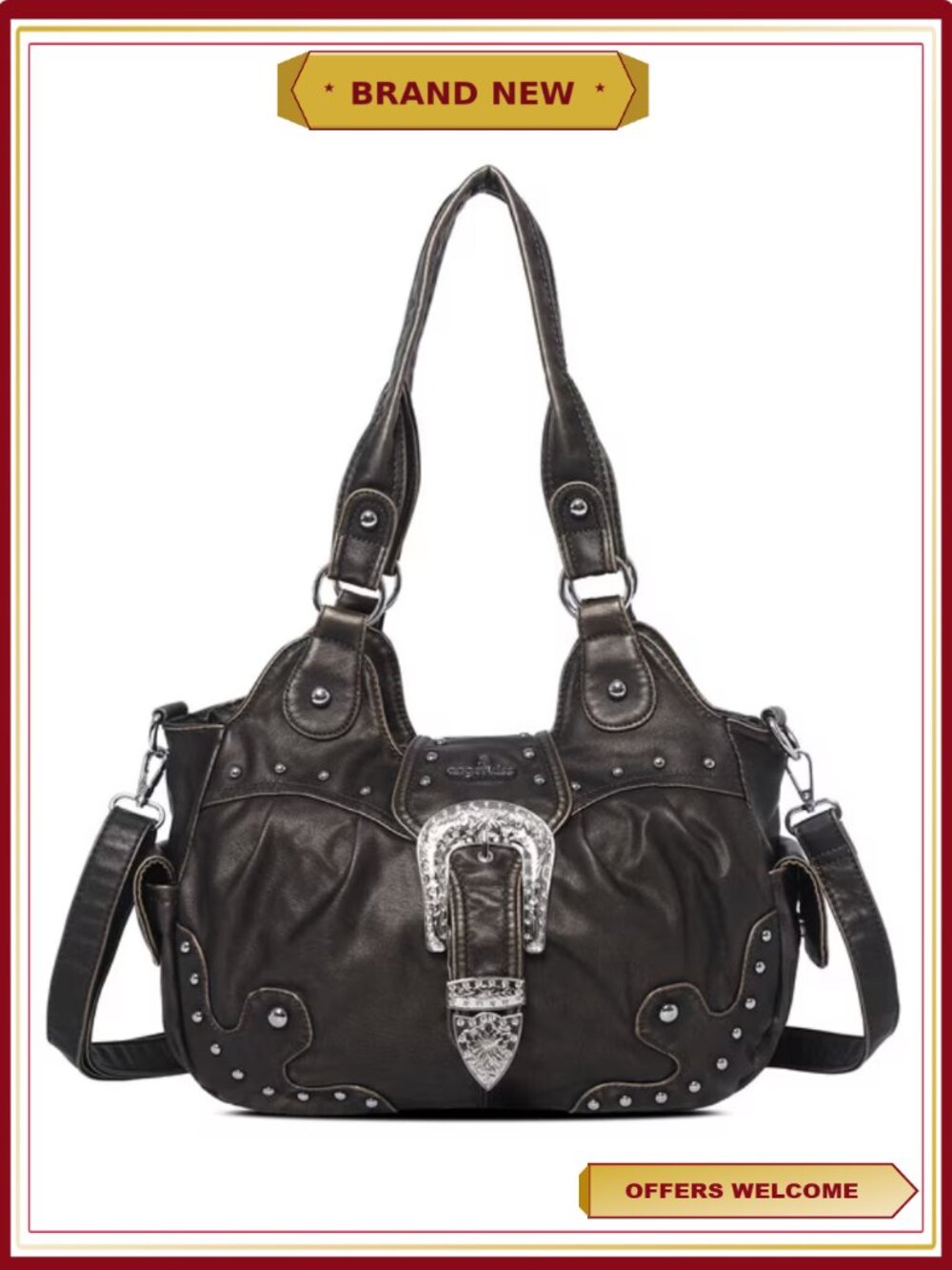 Vegan Leather Hobo Shoulder Bag Crossbody Purse with Metal Studs